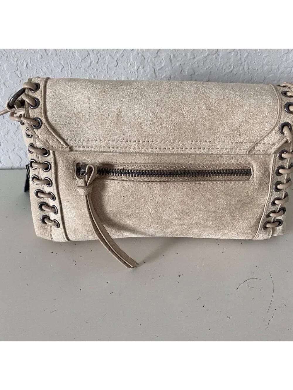 Ed Hardy Jeri Tan Beige Suede Crossbody Bag Studs Zip Closure W/Coin Purse NEW